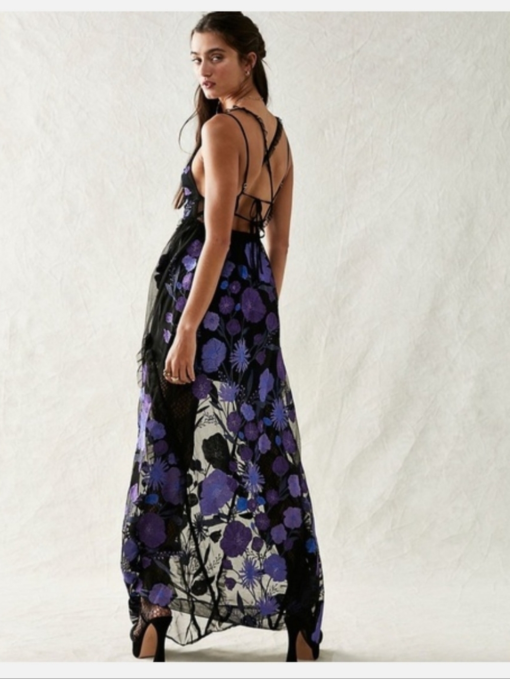 For Love & Lemons Black Sheer Dress with Purple & Blue Floral Embroidery - Picture 8 of 8